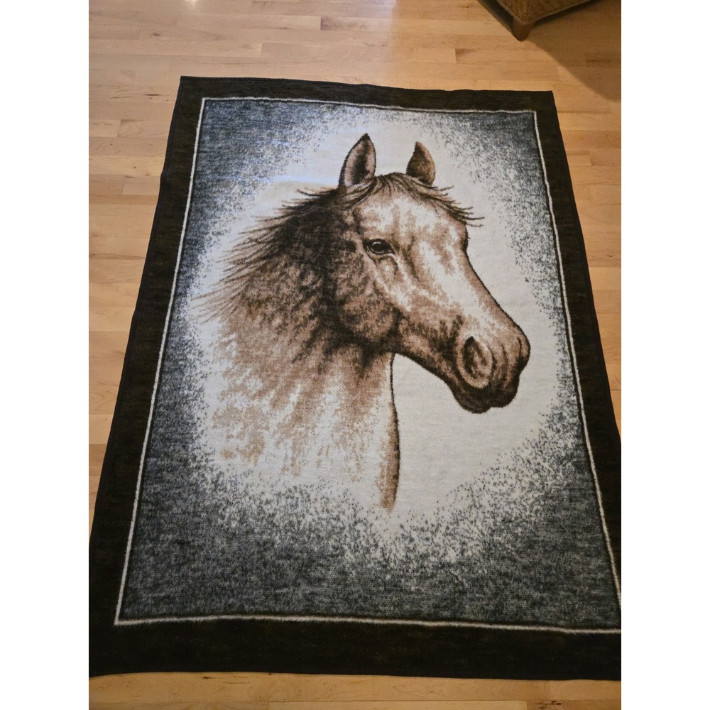 VTG Biederlack Horse Reversible Throw Blanket Brown Tan 55 X 75 In RL Decor